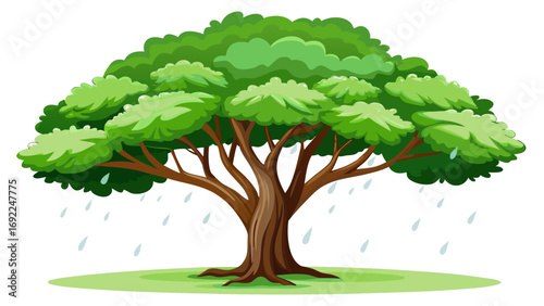 Stylized cartoon illustration of a large green tree with brown trunk and branches during a light rain shower