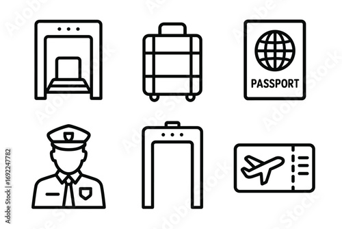 Airport security icons: scanner, suitcase, passport, officer, boarding pass