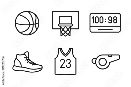 Basketball game elements – ball, hoop, scoreboard, shoe, jersey, whistle icons