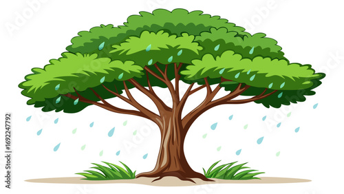 A lush green tree with a thick trunk and branches stands tall in the rain