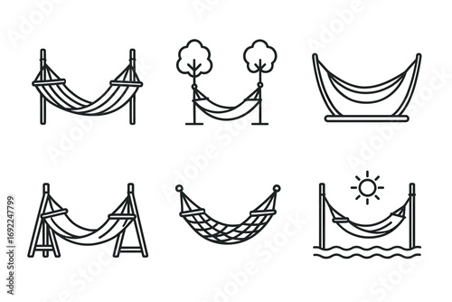 Various hammock designs: tree-suspended, free-standing, rope, and poolside styles illustrated