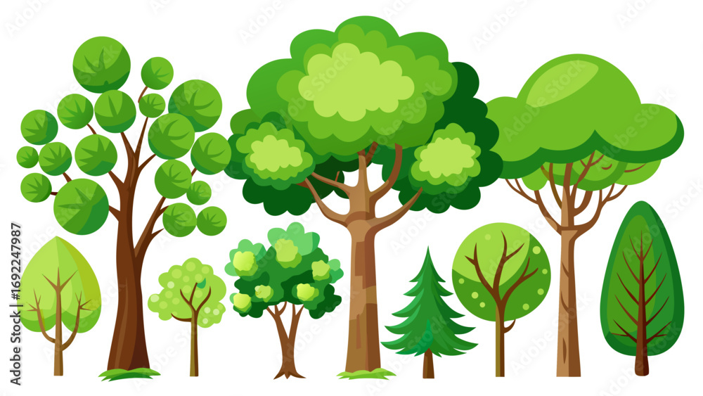 Fototapeta premium Collection of diverse cartoon trees with green foliage and brown trunks set against a white background