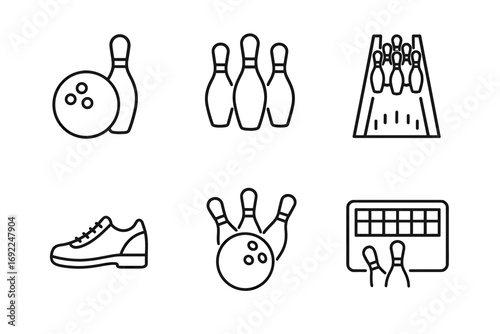 Bowling icons set: ball, pins, lane, shoe, scoreboard symbols