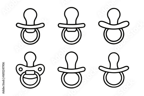 Set of black and white pacifier icons - simple baby soother clipart collection