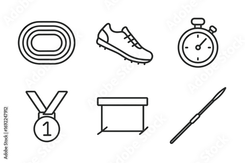 Outline icons of track, shoe, stopwatch, medal, podium, spear for athletics