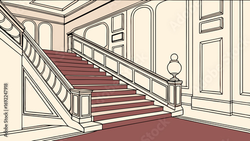Grand Staircase Interior Design Elegant Architecture Drawing Vintage Style Home Decor Illustration.