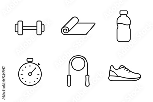 Fitness equipment icons: dumbbell, yoga mat, water bottle, stopwatch, jump rope, shoe