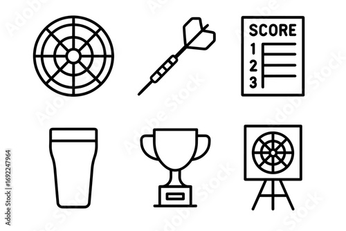 Dartboard icons with dart, scorecard, pint glass, and trophy illustrations