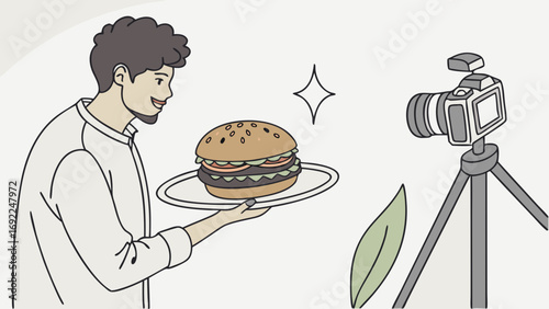 Person presenting delicious burger to camera on tripod for food photography or video blogging.