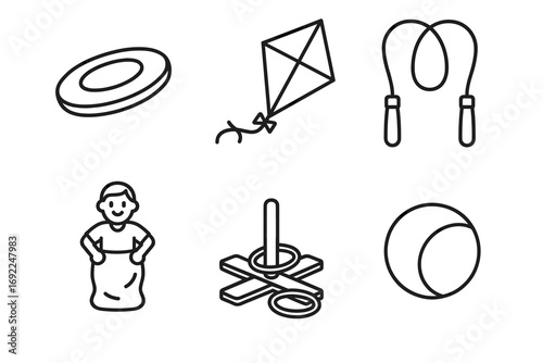 Black and white line art of frisbee, kite, jump rope, sack race, ring toss, and beach ball