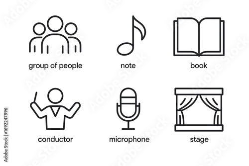 Icons for music conductor, note, book, microphone, group, and stage