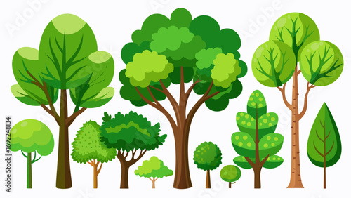 Collection of various stylized green trees and bushes with brown trunks on a white background
