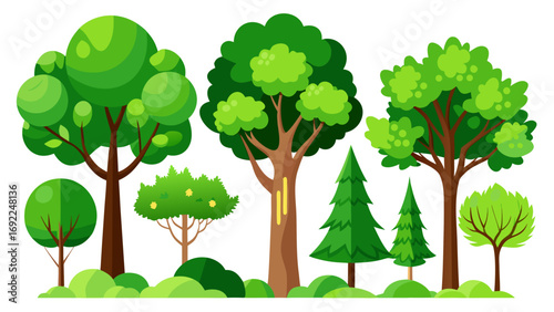 Collection of stylized cartoon trees and bushes in various shapes and sizes with green foliage