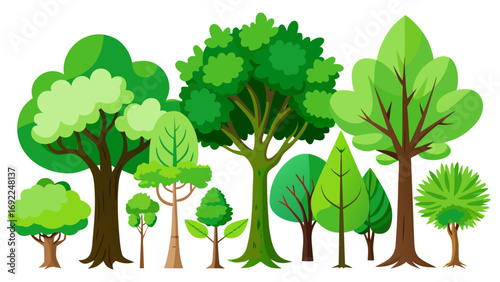 A collection of diverse cartoon trees with various shapes and shades of green leaves on a white background
