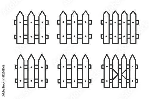 Set of six simple picket fence designs in black and white illustration