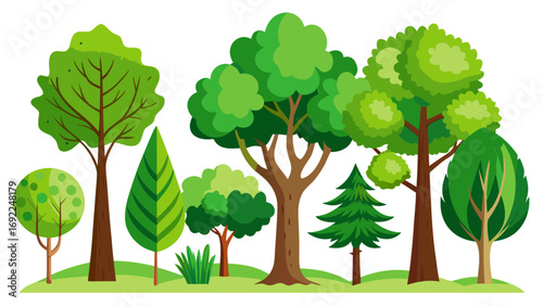 A collection of diverse green trees and plants in a stylized flat design with a white background