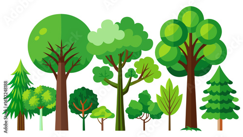 Collection of stylized green trees and evergreens in various shapes and sizes against a white background
