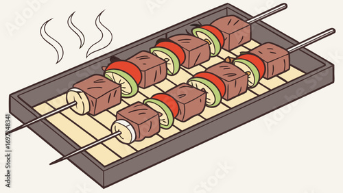 Grilled Meat Skewers with Vegetables on a Tray.