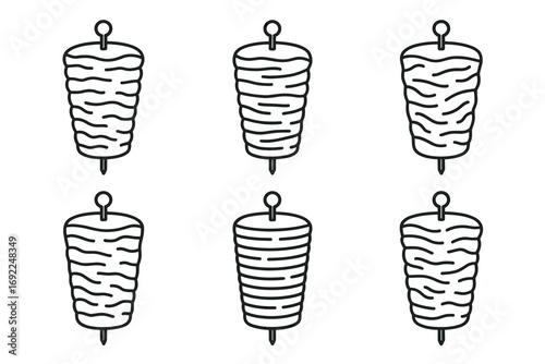Set of six shawarma rotating meat skewers in linear style icon design