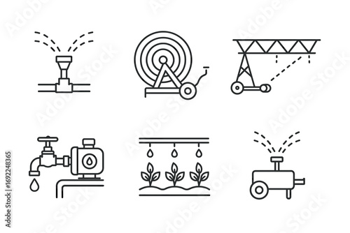 Line icons of modern irrigation systems: sprinkle, drip, pump, wheel, crane