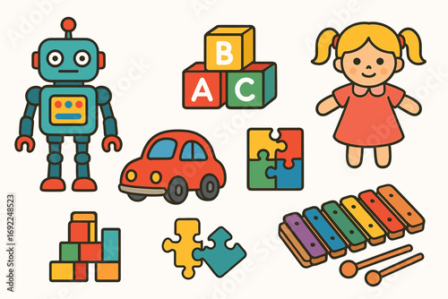 Colorful cartoon toys with robot, blocks, doll, car, puzzle, and xylophone
