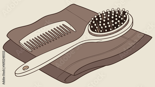 Hairbrush and Comb on Towel Hair Care Tools Styling Accessories Illustration.