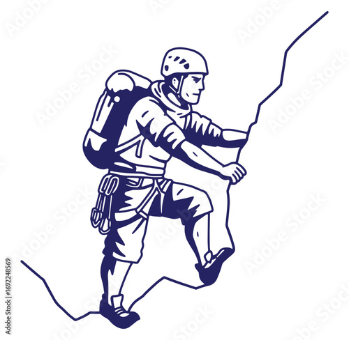 Adventurous climber scaling a rock face with climbing gear in bold line art style
