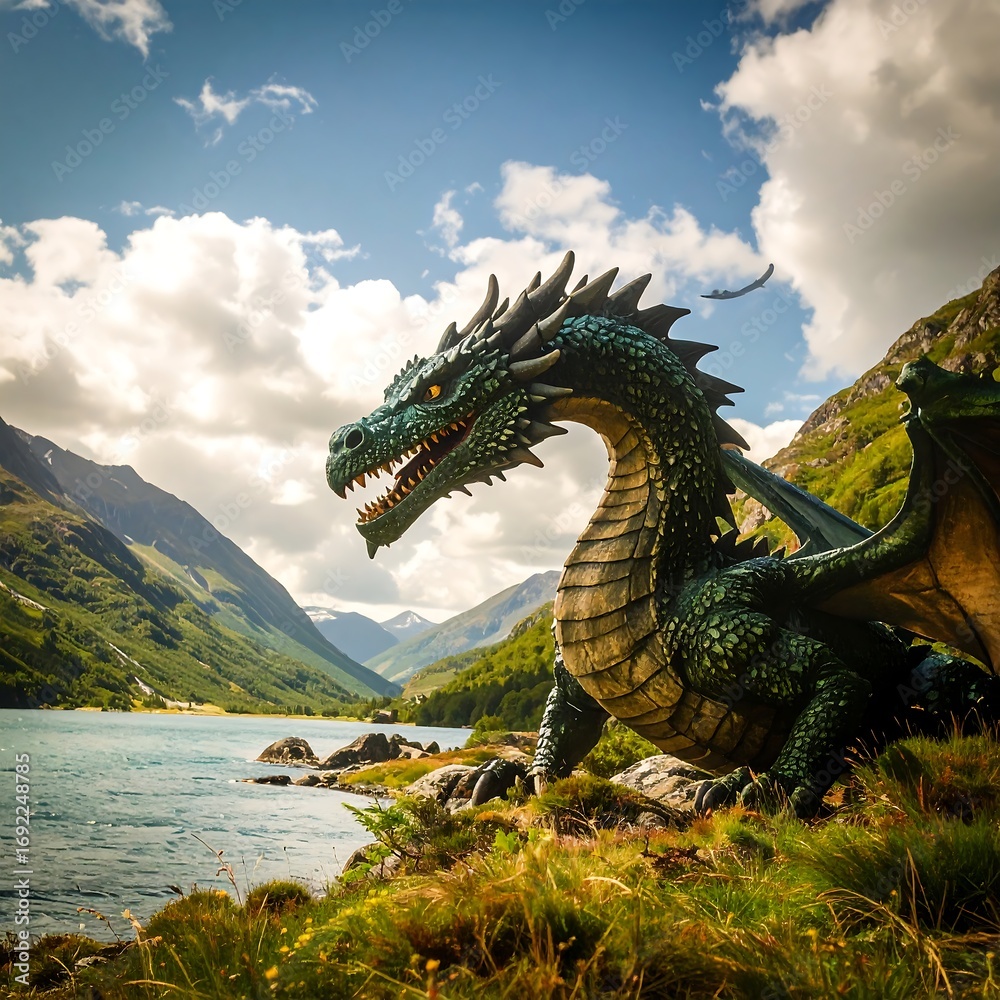 Naklejka premium Dragon overlooking a lake