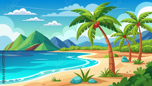 Vibrant cartoon tropical island paradise with palm trees sandy beach and turquoise ocean water