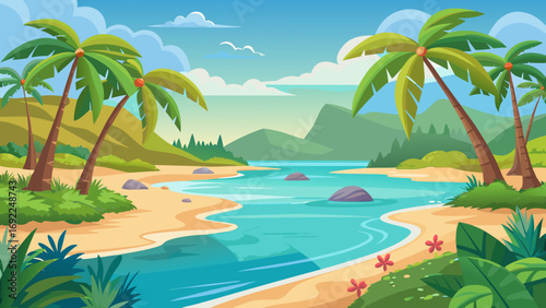 Vibrant tropical paradise with palm trees sandy beach and clear turquoise water leading to mountains