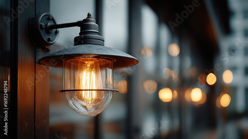 Vintage Style Outdoor Light with Glowing Filament Bulb and Bokeh Background