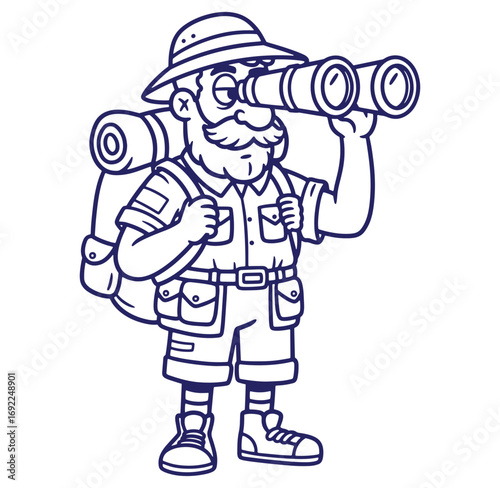 Cartoon explorer with binoculars outdoors ready for adventure in the wilderness setting