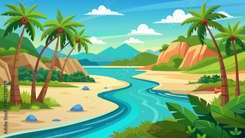 Vibrant tropical island landscape with palm trees sandy beach and winding river under a clear blue sky