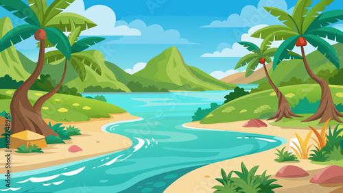 Tropical paradise landscape with turquoise river palm trees green hills and clear blue sky