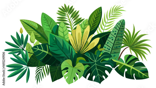 Vibrant tropical jungle foliage arrangement with diverse green leaves and yellow flower