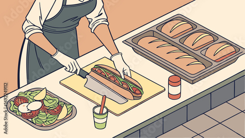 Preparing a delicious sub sandwich in a cafe kitchen overhead view illustration.