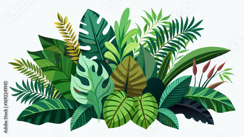 Vibrant illustration of lush tropical jungle foliage with diverse green leaves and plants