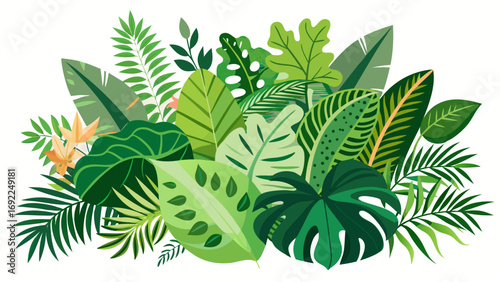 Vibrant tropical jungle foliage arrangement with various green leaves and orange flowers