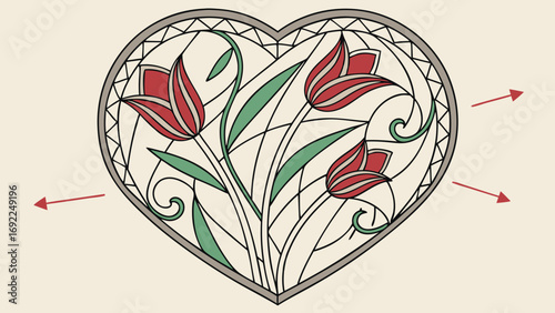 Heart-shaped floral design tulips art nouveau style vector illustration decorative element valentines day greeting card wedding invitation romantic elegant spring flowers botanical ill.