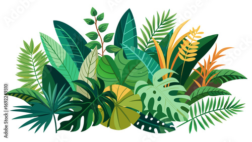 Vibrant tropical jungle foliage arrangement with diverse green leaves and exotic plants