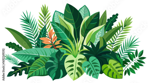 Vibrant tropical jungle foliage arrangement with diverse green leaves and orange accents