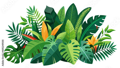 Vibrant tropical jungle foliage and exotic flowers arranged in a lush botanical arrangement