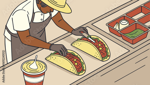 Preparing Tacos Overhead View of Food Preparation in a Restaurant Kitchen Illustration.