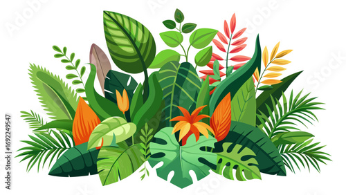 Vibrant tropical jungle foliage and exotic flowers in a lush green botanical arrangement