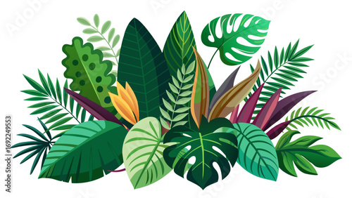 Vibrant tropical foliage arrangement with monstera leaves and bird of paradise flower