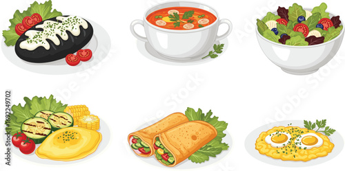 Vector illustration of healthy meals including salad, soup, omelet, scrambled eggs, wraps, and grilled vegetables on white plates.