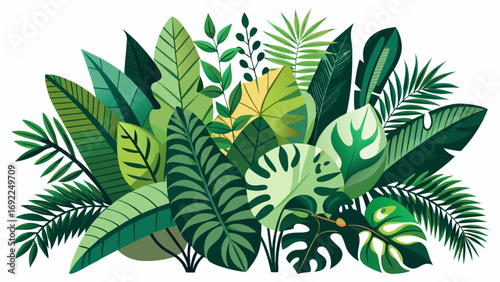 Vibrant arrangement of lush green tropical jungle leaves and foliage in a stylized flat design