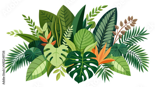 Vibrant arrangement of lush green tropical jungle leaves and exotic orange flowers on white background