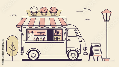 Retro Food Truck with Cupcakes and Street Lamp Bakery on Wheels Mobile Dessert Shop Illustration.
