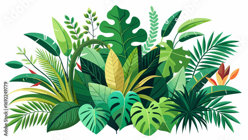 Vibrant illustration of lush green tropical jungle foliage and exotic flowers on a white background